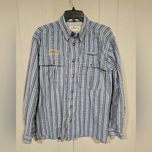 Orvis Fishing Shirt Mens Medium Blue Striped Textured Vented Embroidered Logo